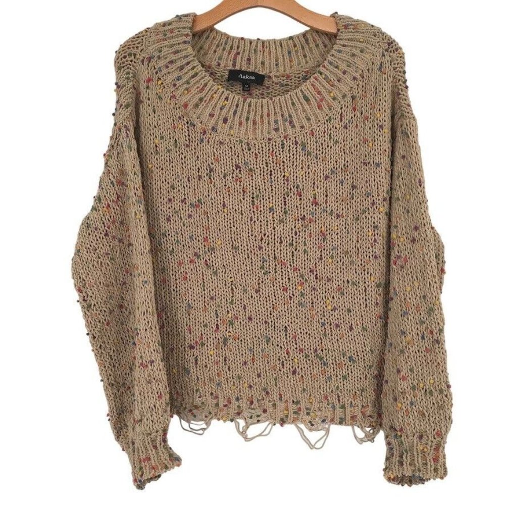 Aakaa Tan Sweater Rainbow Spots Womens Distressed Look Hem size medium